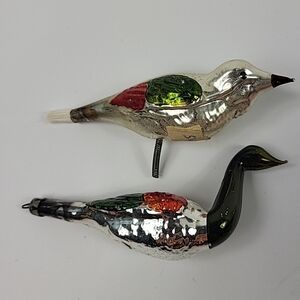 Vintage Glass Bird Ornaments Silver Green Red